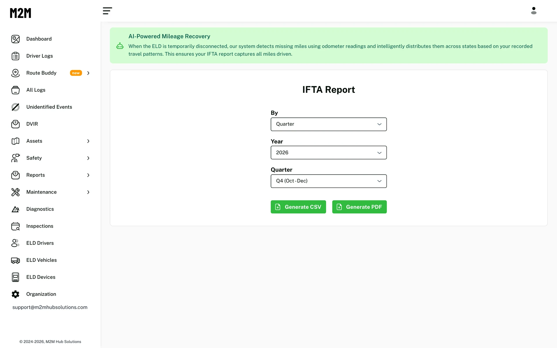 IFTA report page with quarter selection